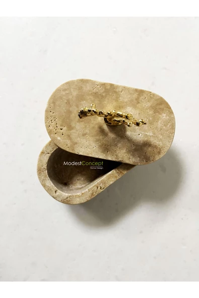 Modestmar Traverten Kase, Traverten Takı Kutusu Oval Mermer Takı Kutusu Gold Mercan Aksesuarlı - 5