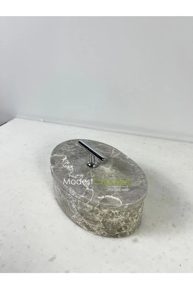Modestmar Doğal Gri Mermer Kase, Mermer Takı Kutusu,mermer Organizer, Dekoratif Kase, Oval Kase Gümüş T Kulplu - 2