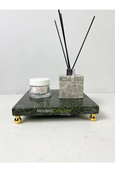 Modestmar Doğal Yeşil Mermer Ayaklı Kare Sunumluk, Dekoratif 20x20 Stand Mermer Tepsi, Mermer Supla Gold Ayak - Resim 4