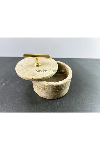 Modestmar Doğal Traverten Mermer Kase, Gold Aksesuarlı Kapaklı Mermer Kase, Dekoratif Kase, Takılık - 3