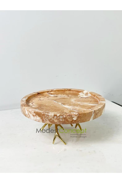 Modestmar Doğal Pembe Mermer Yuvarlak Tepsi 20cm Gold Ayaklı Pink Rosa - 3