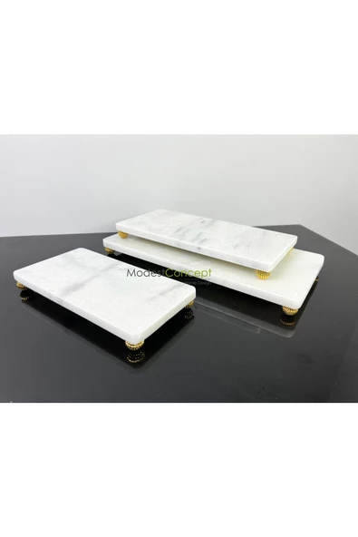 Modestmar Doğal Beyaz Mermer 3'lü Sunum Seti Gold Böğürtlen Ayak - Resim 5