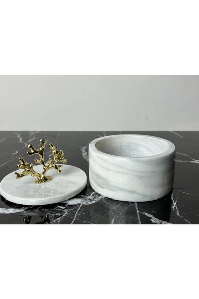 Modestmar Doğal Mermer Kase, Gold Mercan Aksesuarlı Kapaklı Mermer Kase, Dekoratif Kase, Calacatta Kase - 4