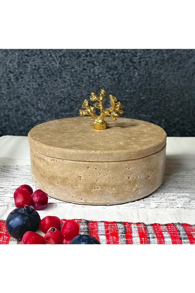 Modestmar Traverten Yuvarlak Kase Gold Mercan Kapaklı - 2
