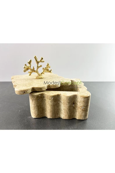 Modestmar Doğal Traverten Mermer Kase, Mermer Takı Kutusu, Mermer Düzenleyici Gold Mercan, Kenar Detaylı - 4