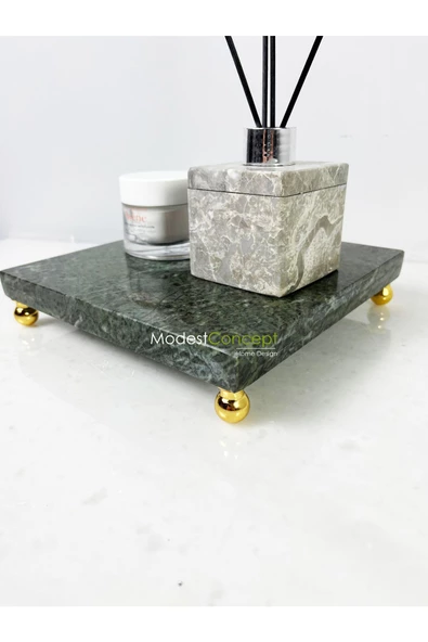 Modestmar Doğal Yeşil Mermer Ayaklı Kare Sunumluk, Dekoratif 20x20 Stand Mermer Tepsi, Mermer Supla Gold Ayak - Resim 5