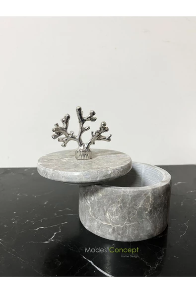 Modestmar Doğal Gri Mermer Kase, Dekoratif Kase, Mermer Kase Gümüş Detaylı, Kapaklı Kase - 5