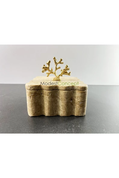 Modestmar Doğal Traverten Mermer Kase, Mermer Takı Kutusu, Mermer Düzenleyici Gold Mercan, Kenar Detaylı