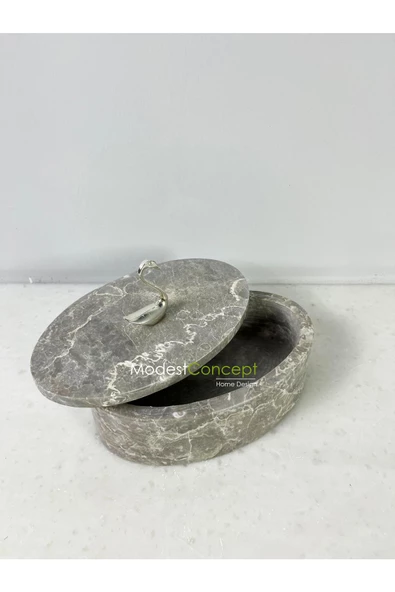 Modestmar Doğal Gri Mermer Kase, Mermer Takı kutusu,Mermer Organizer, Dekoratif Kase, Oval Kase Gümüş Kuğu - 5