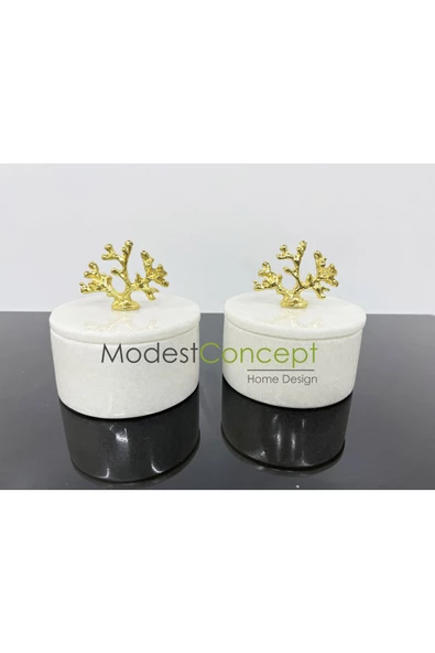 Modestmar Doğal Mermer Kase, Gold Mercan Aksesuarlı Kapaklı Mermer Kase, Dekoratif Kase 2 Adet - Resim 2