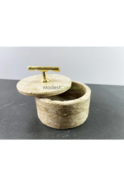 Modestmar Doğal Traverten Mermer Kase, Gold Aksesuarlı Kapaklı Mermer Kase, Dekoratif Kase, Takılık - 2