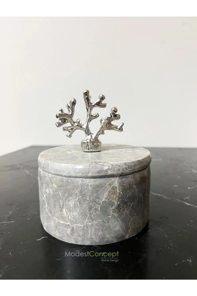 Modestmar Doğal Gri Mermer Kase, Dekoratif Kase, Mermer Kase Gümüş Detaylı, Kapaklı Kase - 2