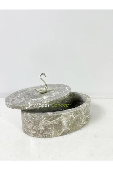 Modestmar Doğal Gri Mermer Kase, Mermer Takı kutusu,Mermer Organizer, Dekoratif Kase, Oval Kase Gümüş Kuğu