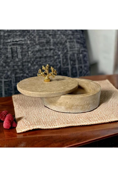 Modestmar Traverten Yuvarlak Kase Gold Mercan Kapaklı - 3