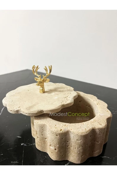 Modestmar Doğal Traverten Mermer Kase, Gold Geyik Aksesuarlı Kapaklı Mermer Kase, Dekoratif Kase, Takılık - 5