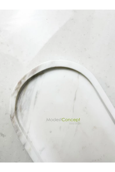 Modestmar Doğal Beyaz Mermer Oval Tepsi , Sunum Tabağı, Düzenleyici Volakas White - Resim 3