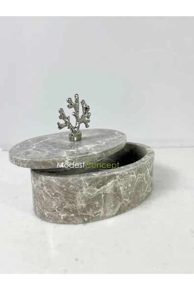 Modestmar Doğal Gri Mermer Kase, Mermer Takı kutusu,Mermer Organizer, Dekoratif Kase, Oval Kase Gümüş Mercan - 4