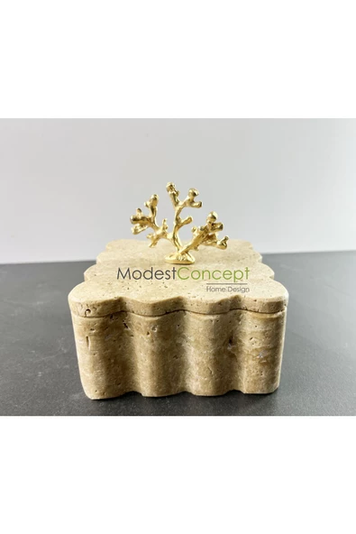 Modestmar Doğal Traverten Mermer Kase, Mermer Takı Kutusu, Mermer Düzenleyici Gold Mercan, Kenar Detaylı - 6