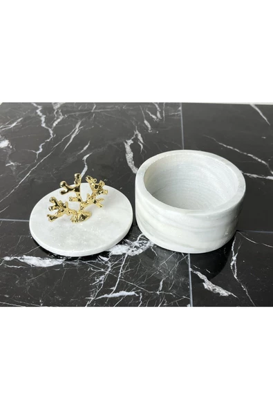 Modestmar Doğal Mermer Kase, Gold Mercan Aksesuarlı Kapaklı Mermer Kase, Dekoratif Kase, Calacatta Kase - 6