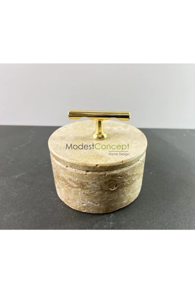 Modestmar Doğal Traverten Mermer Kase, Gold Aksesuarlı Kapaklı Mermer Kase, Dekoratif Kase, Takılık - 5