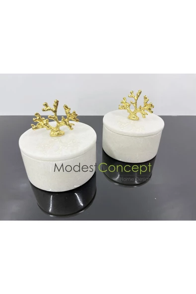 Modestmar Doğal Mermer Kase, Gold Mercan Aksesuarlı Kapaklı Mermer Kase, Dekoratif Kase 2 Adet - Resim 6