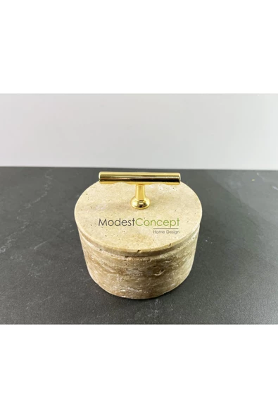 Modestmar Doğal Traverten Mermer Kase, Gold Aksesuarlı Kapaklı Mermer Kase, Dekoratif Kase, Takılık - 6