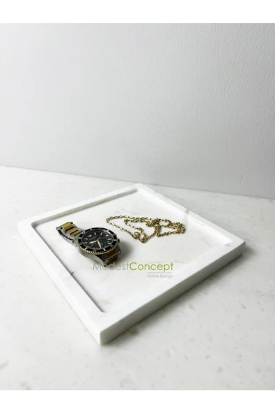 Modestmar Doğal Beyaz Mermer Kare Tepsi , Sunum Tabağı, Düzenleyici Volakas White - Resim 4