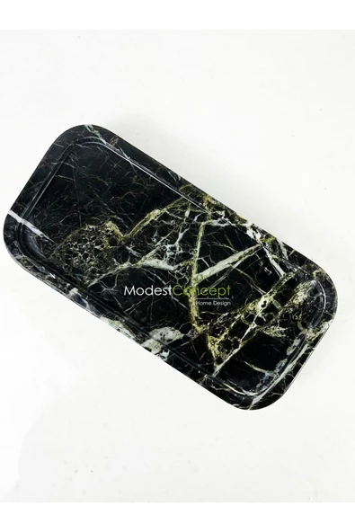 Modestmar Doğal Siyah Mermer Sunum Tabağı, Servis Tabağı Oval Kenar Gold Top Ayaklı - Resim 6