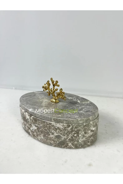 Modestmar Doğal Gri Mermer Kase, Mermer Takı Kutusu,mermer Organizer, Dekoratif Kase, Oval Kase Gold Mercan - Resim 2