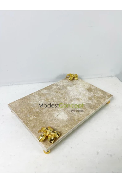 Modestmar Traverten Mermer Sunum Tepsisi 20x30 Gold Çiçek Detaylı Gold Top Ayaklı - 5