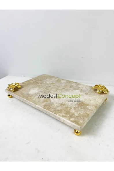 Modestmar Traverten Mermer Sunum Tepsisi 20x30 Gold Çiçek Detaylı Gold Top Ayaklı - 6