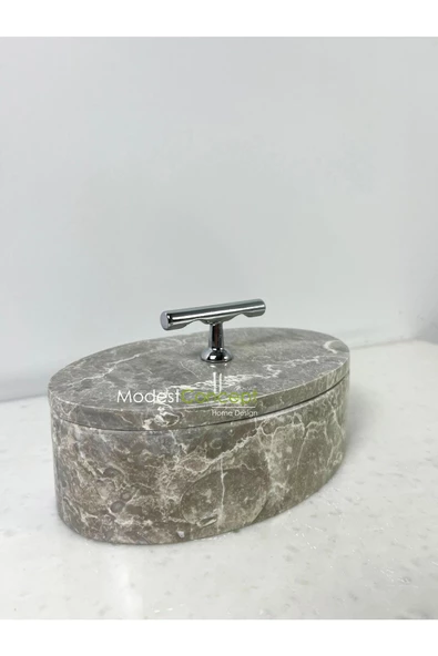 Modestmar Doğal Gri Mermer Kase, Mermer Takı Kutusu,mermer Organizer, Dekoratif Kase, Oval Kase Gümüş T Kulplu - 6