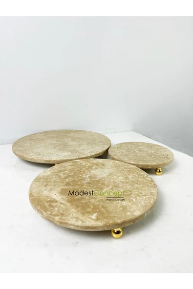ModestConcept Traverten 3lü Sunum Seti, Traverten 3lü Set Gold Top Ayak - 3