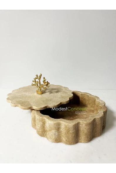 Modestmar Traverten Kase Kenar Detaylı Kapaklı 20cm, Traverten Kase, Gold Mercan Aksesuarlı Kase - 2