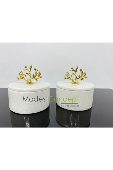 Modestmar Doğal Mermer Kase, Gold Mercan Aksesuarlı Kapaklı Mermer Kase, Dekoratif Kase 2 Adet ürün görseli