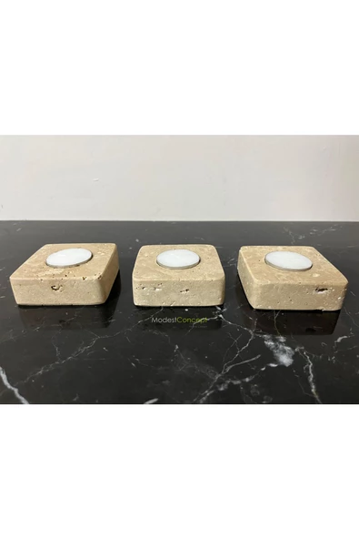 Modestmar Doğal Traverten Mumluk, Mermer Mumluk, Mermer Tealight Mumluk 3 Adet, Kare Mermer Mumluk - 3
