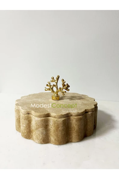 Modestmar Traverten Kase Kenar Detaylı Kapaklı 20cm, Traverten Kase, Gold Mercan Aksesuarlı Kase - 5