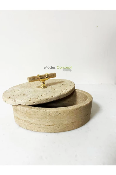 Modestmar Doğal Traverten Mermer Kase, Mermer Takı kutusu,Mermer Organizer, Dekoratif Kase, Oval Kase Kulplu - 2