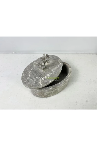 Modestmar Doğal Gri Mermer Kase, Mermer Takı kutusu,Mermer Organizer, Dekoratif Kase, Oval Kase Gümüş Mercan - 5
