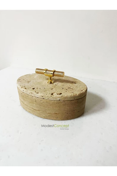 Modestmar Doğal Traverten Mermer Kase, Mermer Takı kutusu,Mermer Organizer, Dekoratif Kase, Oval Kase Kulplu - 5