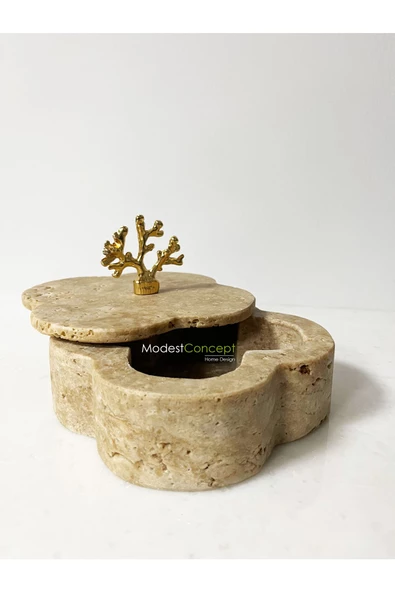 Modestmar Traverten Takı Kutusu, Traverten  Dekoratif Kase Gold Mercan Aksesuarlı - 3