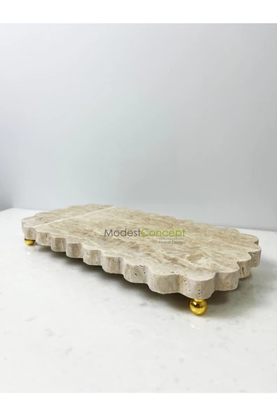 Modestmar Doğal Traverten Mermer Gold Ayaklı Sunumluk, Dekoratif Sunum Kenar Detaylı, Supla - Resim 3