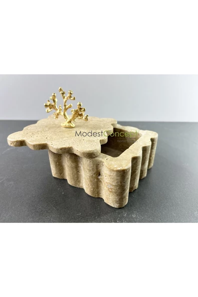 Modestmar Doğal Traverten Mermer Kase, Mermer Takı Kutusu, Mermer Düzenleyici Gold Mercan, Kenar Detaylı - 3