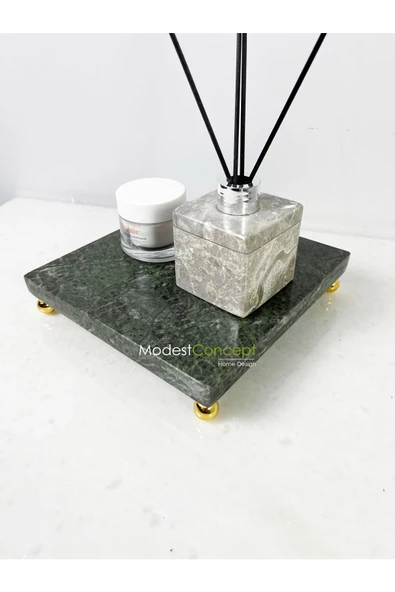 Modestmar Doğal Yeşil Mermer Ayaklı Kare Sunumluk, Dekoratif 20x20 Stand Mermer Tepsi, Mermer Supla Gold Ayak - Resim 3