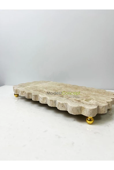 Modestmar Doğal Traverten Mermer Gold Ayaklı Sunumluk, Dekoratif Sunum Kenar Detaylı, Supla ürün görseli