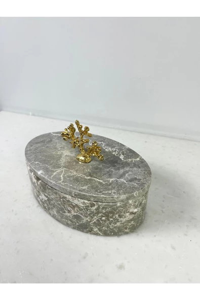 Modestmar Doğal Gri Mermer Kase, Mermer Takı Kutusu,mermer Organizer, Dekoratif Kase, Oval Kase Gold Mercan - Resim 6