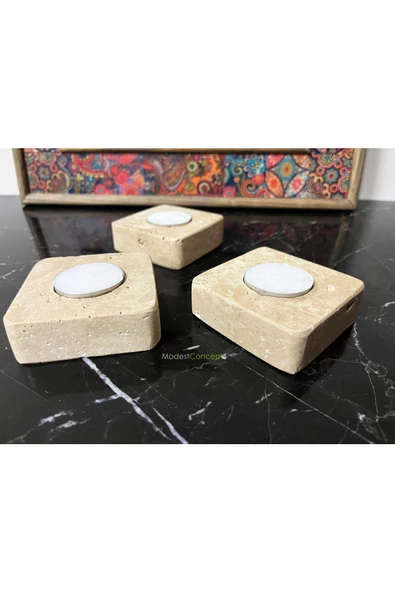 Modestmar Doğal Traverten Mumluk, Mermer Mumluk, Mermer Tealight Mumluk 3 Adet, Kare Mermer Mumluk - 5