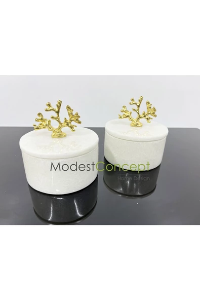 Modestmar Doğal Mermer Kase, Gold Mercan Aksesuarlı Kapaklı Mermer Kase, Dekoratif Kase 2 Adet - Resim 3