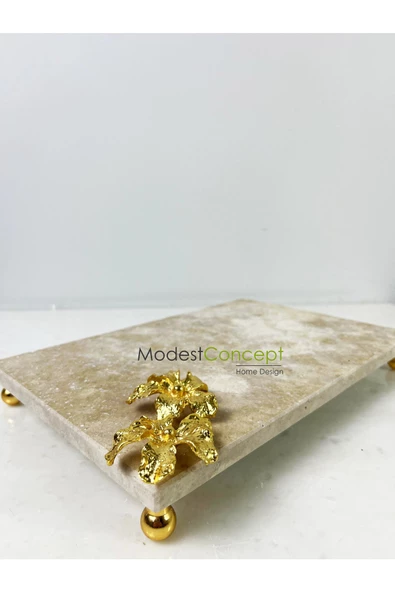 Modestmar Traverten Mermer Sunum Tepsisi 20x30 Gold Çiçek Detaylı Gold Top Ayaklı - 4