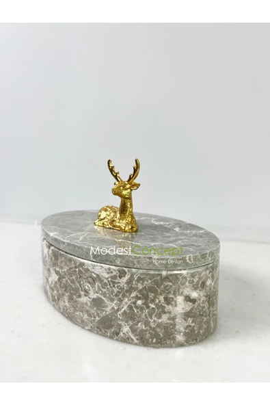 Modestmar Doğal Gri Mermer Kase, Mermer Takı Kutusu,mermer Organizer, Dekoratif Kase, Oval Kase Gold Geyik - 6
